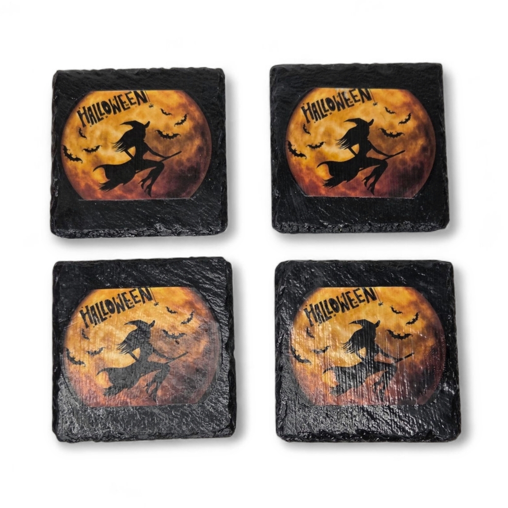 Halloween Whimsigoth‎ Witch Slate Coasters Black and Orange Flying On Broom